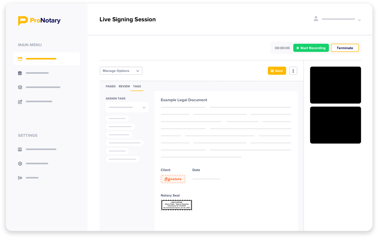 Live remote online signing session with real-time controls and collaboration tools